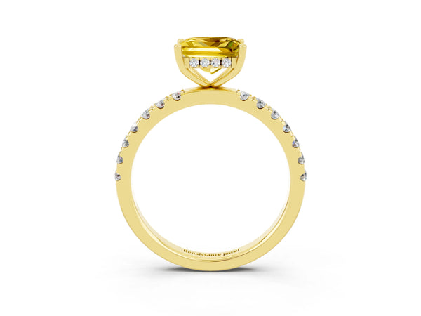 Yellow gold Princess Cut Yellow Sapphire Pave Band Solitaire Ring with Round  and Prong Setting