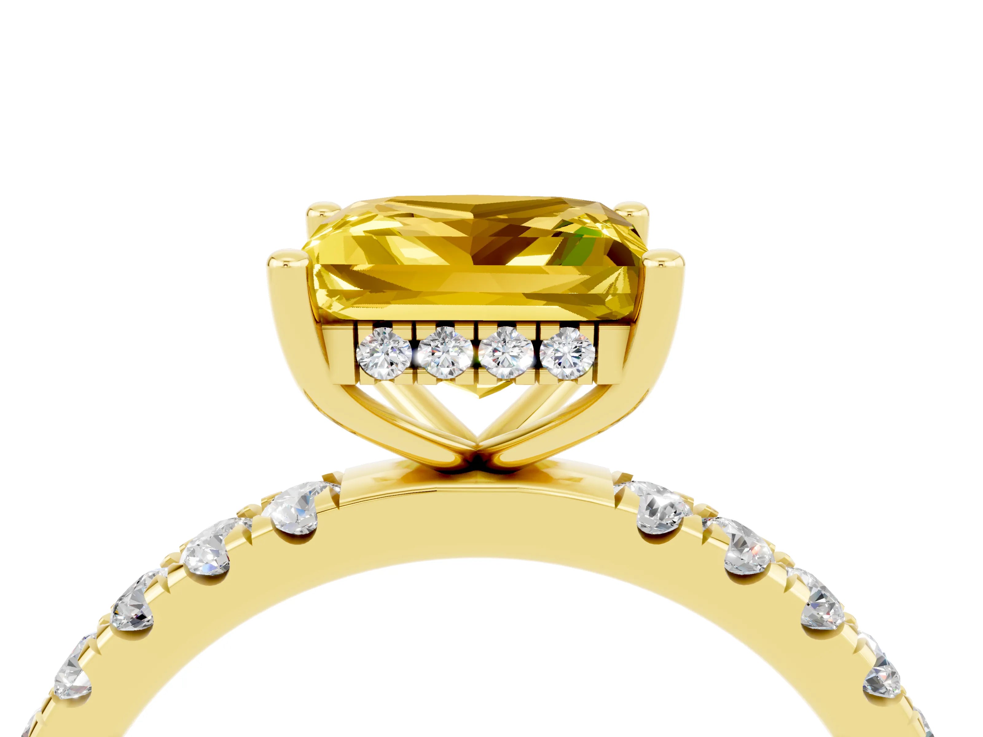 Yellow gold Princess Cut Yellow Sapphire Pave Band Solitaire Ring with Four-Prong Setting_16