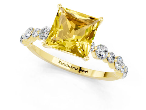 Yellow gold Princess Cut Yellow Sapphire Prong Set Engagement Ring with Pavé Band_13