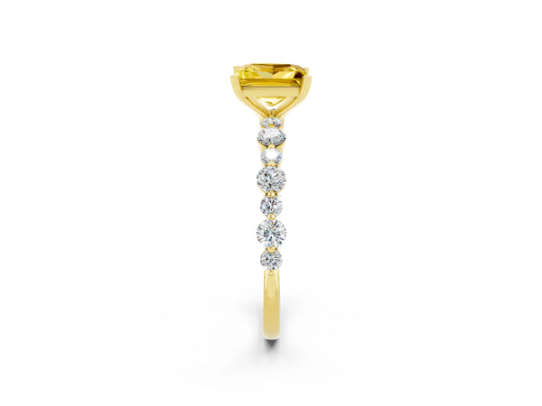 Yellow gold Princess Cut Yellow Sapphire Prong Set Engagement Ring with Pavé Band