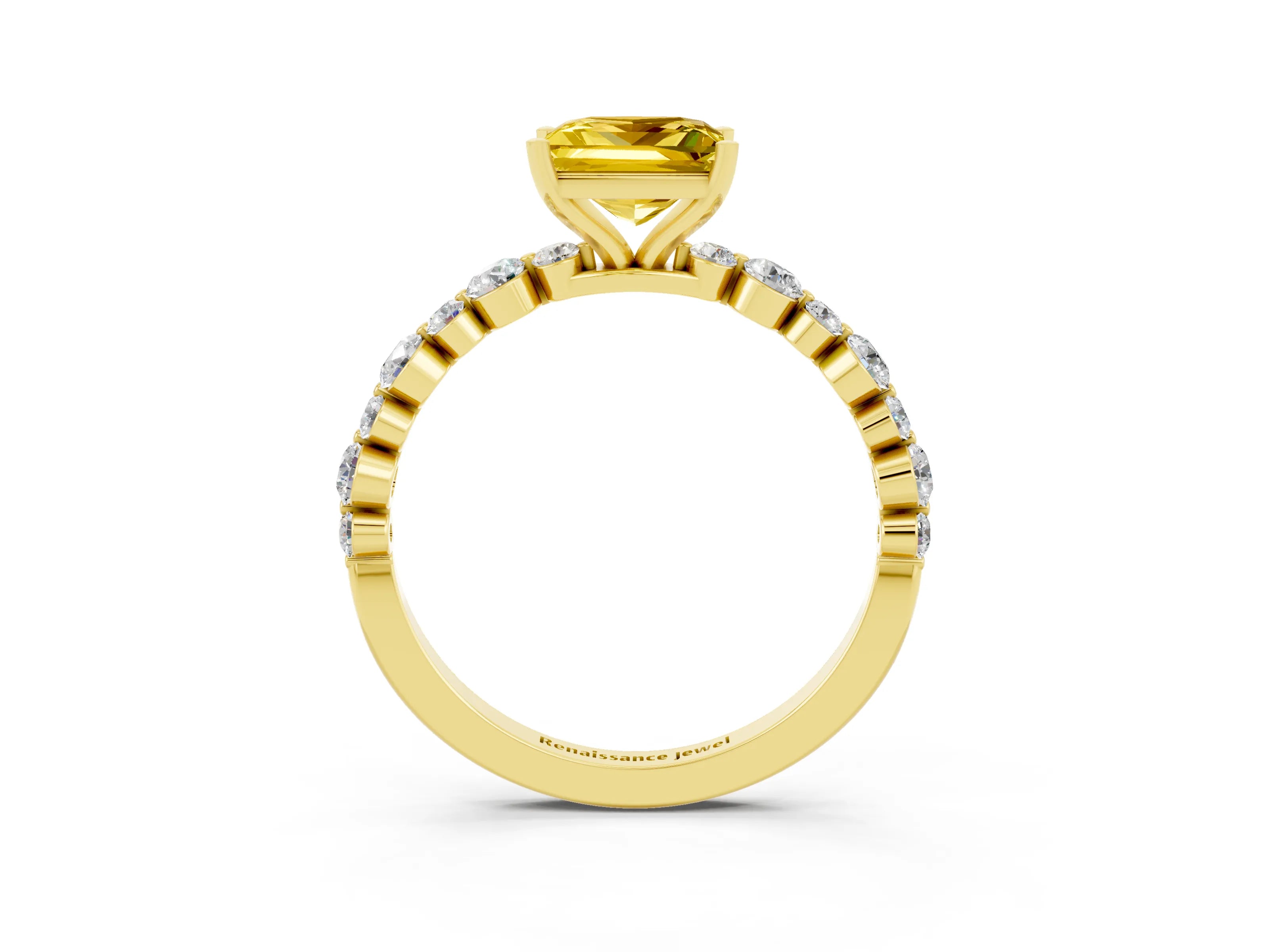 Yellow gold Princess Cut Yellow Sapphire Prong Set Engagement Ring with Pavé Band_15