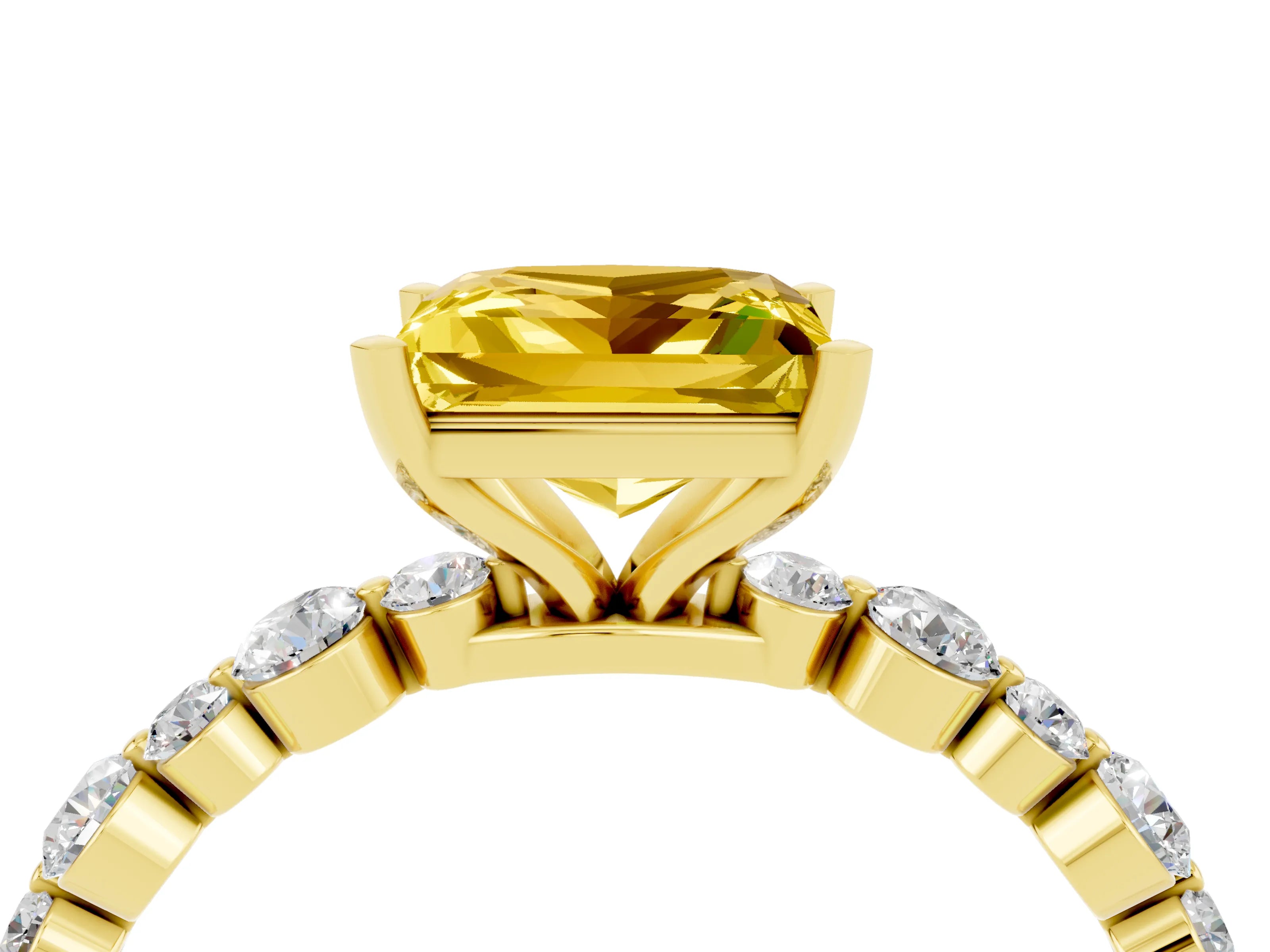 Yellow gold Princess Cut Yellow Sapphire Prong Set Engagement Ring with Pavé Band_16