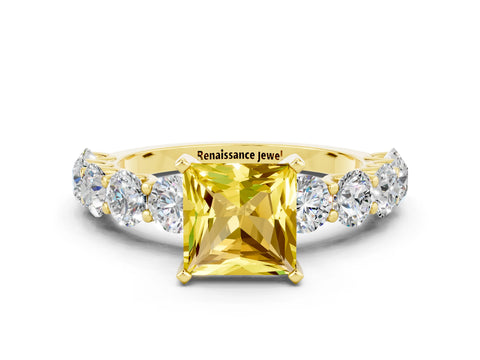 Yellow gold Princess Cut Yellow Sapphire Prong Setting with Side Stones on a Pave Band_24