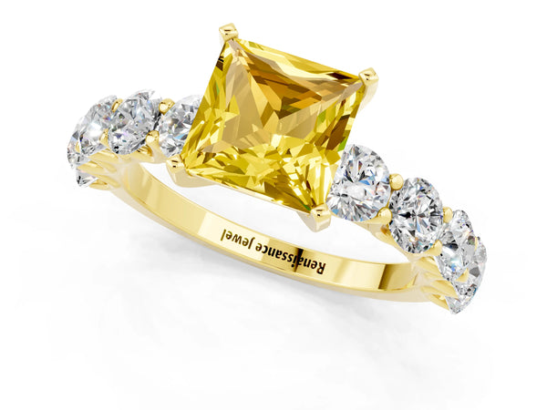 Yellow gold Princess Cut Yellow Sapphire Prong Setting with Side Stones on a Pave Band