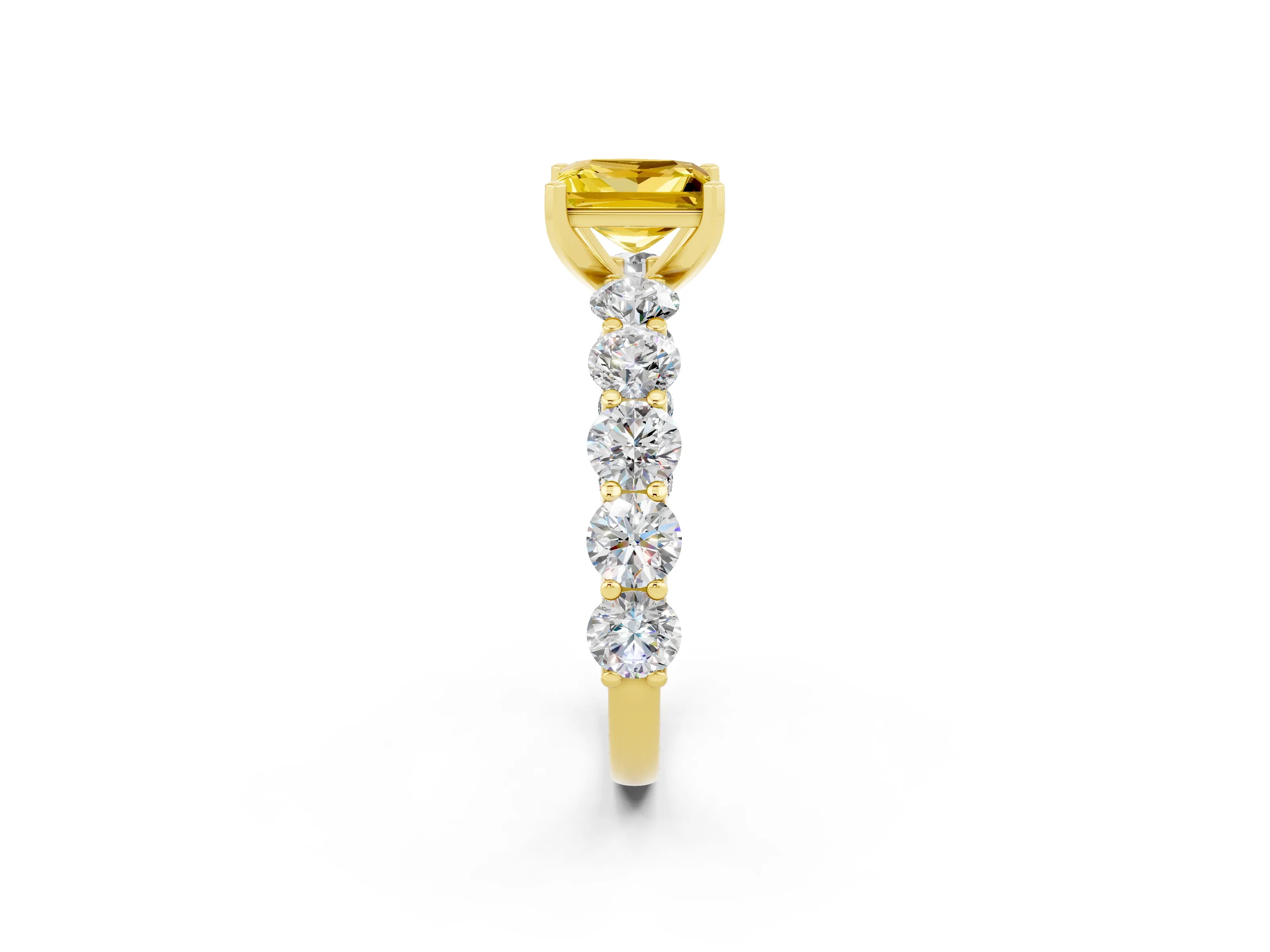 Yellow gold Princess Cut Yellow Sapphire Prong Setting with Side Stones on a Pave Band_26