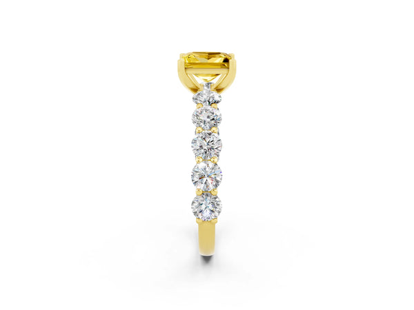 Yellow gold Princess Cut Yellow Sapphire Prong Setting with Side Stones on a Pave Band
