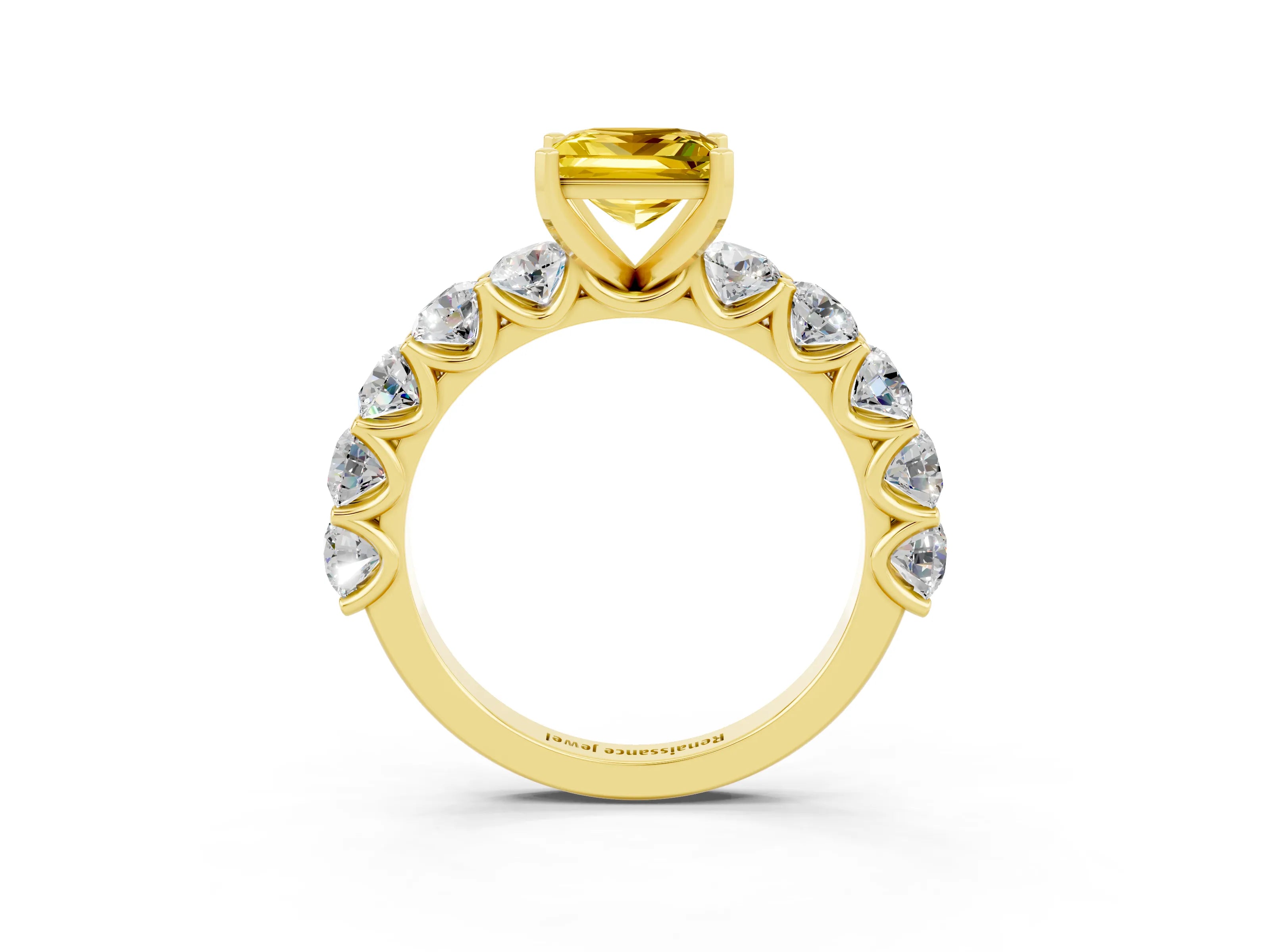 Yellow gold Princess Cut Yellow Sapphire Prong Setting with Side Stones on a Pave Band_27