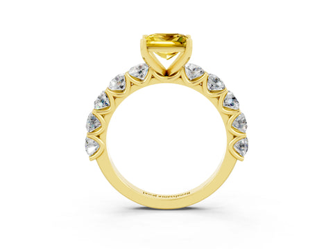 Yellow gold Princess Cut Yellow Sapphire Prong Setting with Side Stones on a Pave Band_27