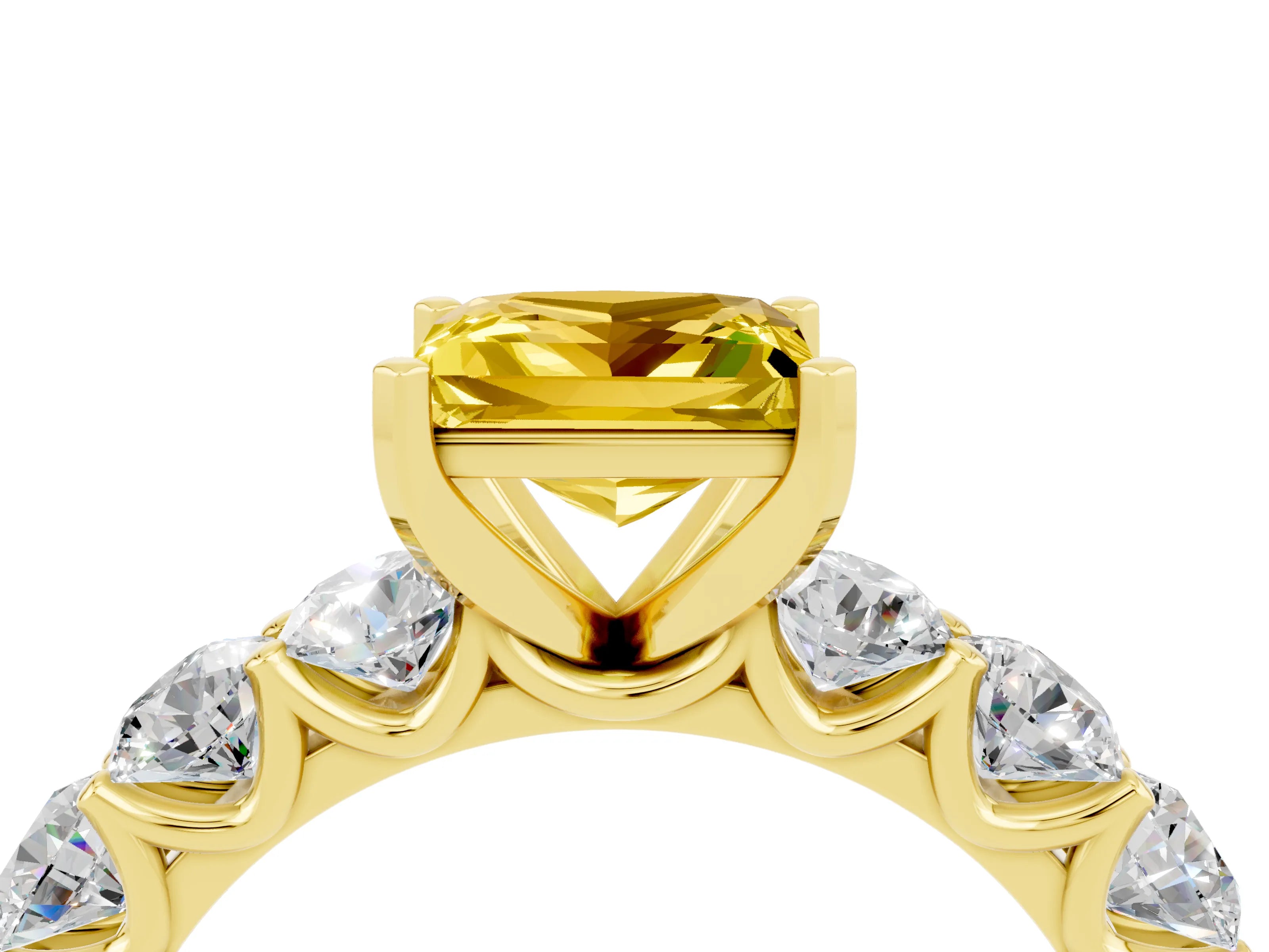 Yellow gold Princess Cut Yellow Sapphire Prong Setting with Side Stones on a Pave Band_28