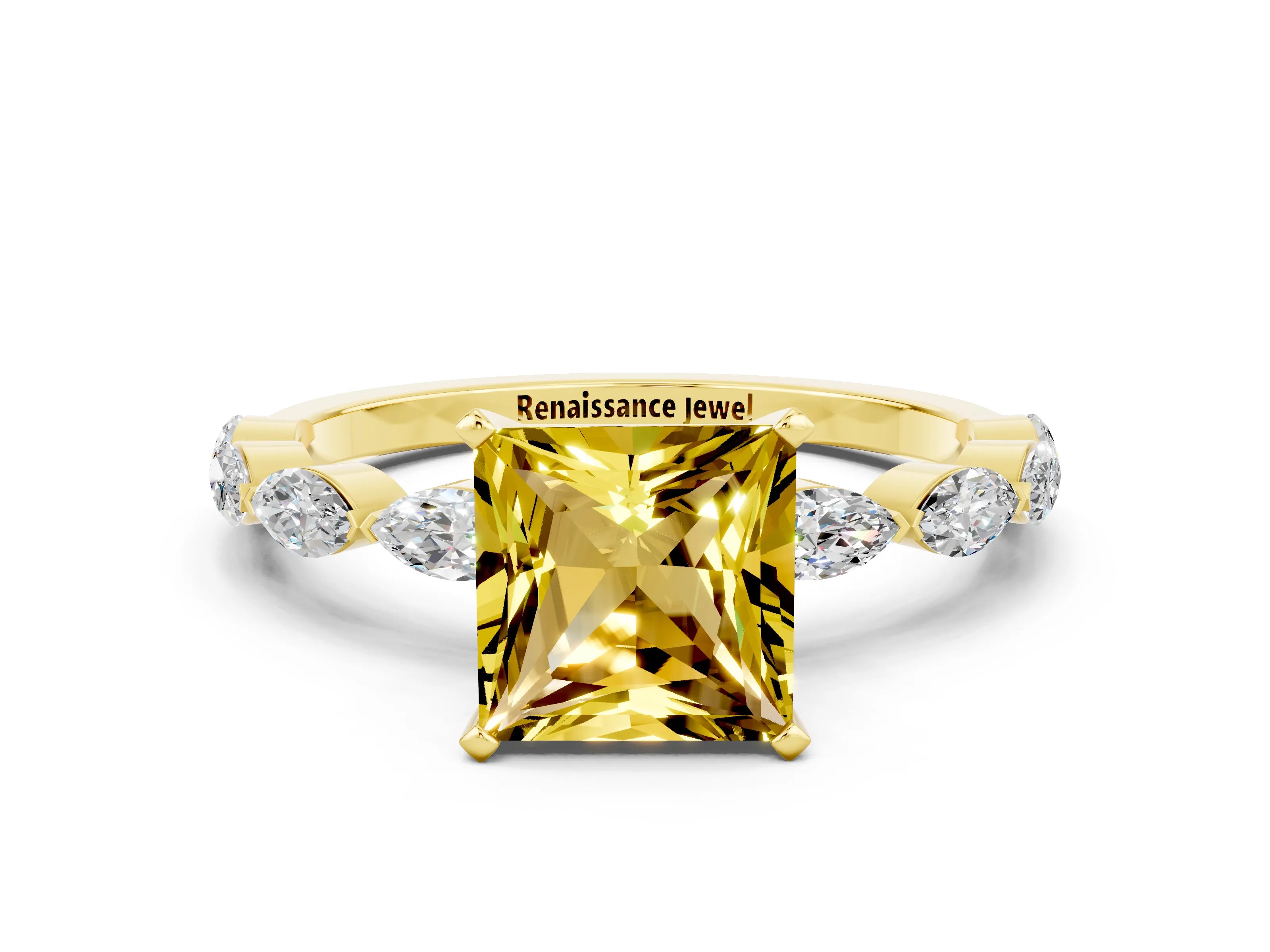 Yellow gold Princess Cut Yellow Sapphire Ring with Marquise Side Stones and Prong Setting_12