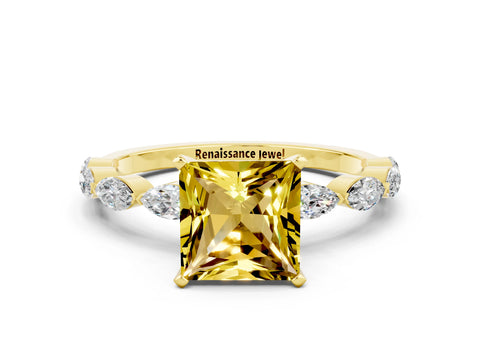 Yellow gold Princess Cut Yellow Sapphire Ring with Marquise Side Stones and Prong Setting_12