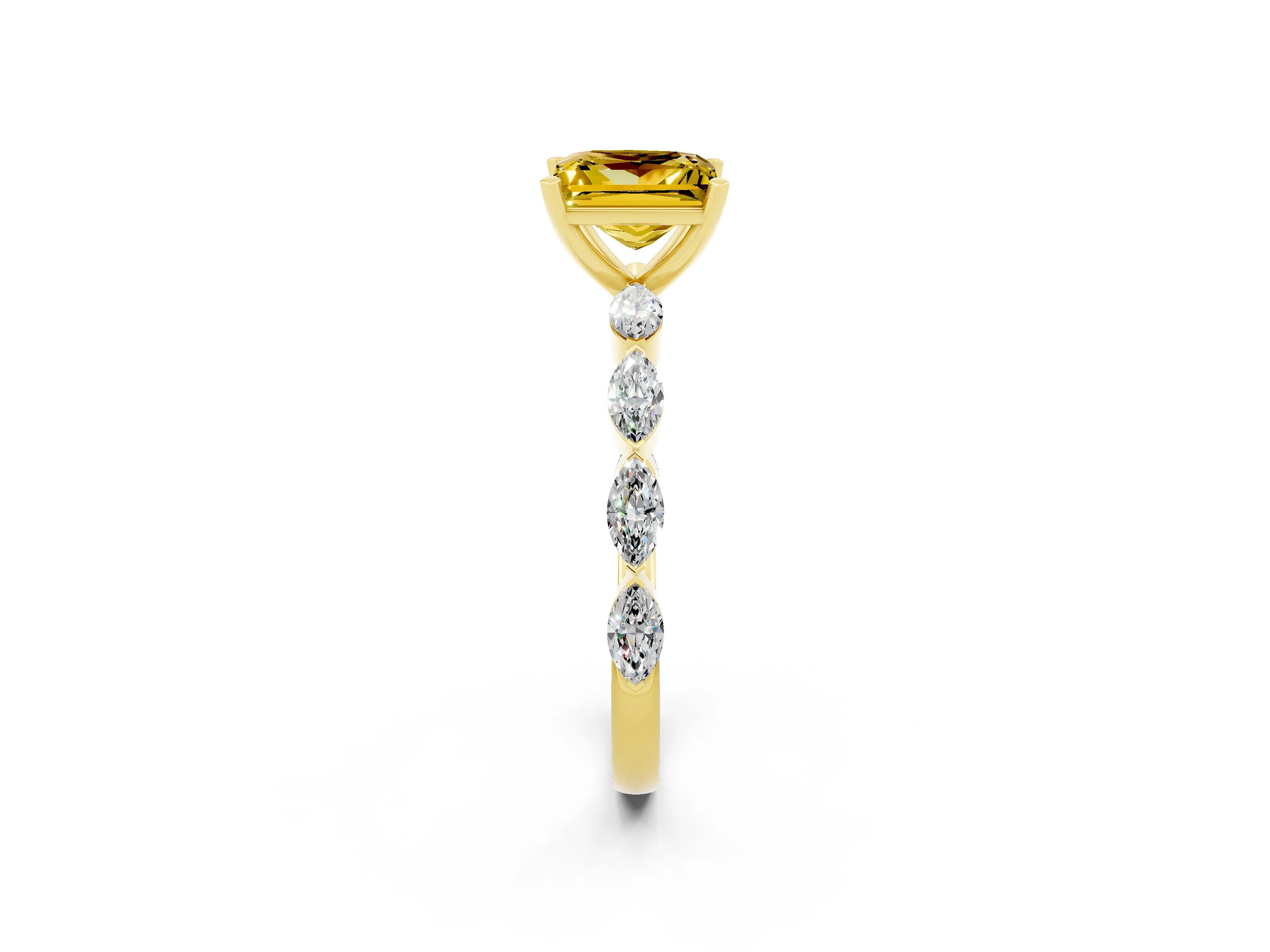 Yellow gold Princess Cut Yellow Sapphire Ring with Marquise Side Stones and Prong Setting_14