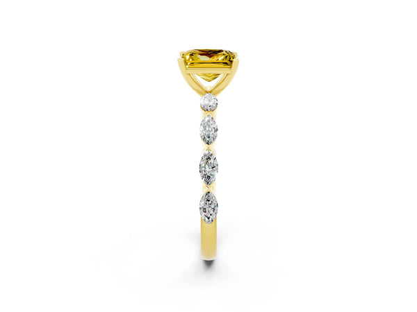 Yellow gold Princess Cut Yellow Sapphire Ring with Marquise Side Stones and Prong Setting