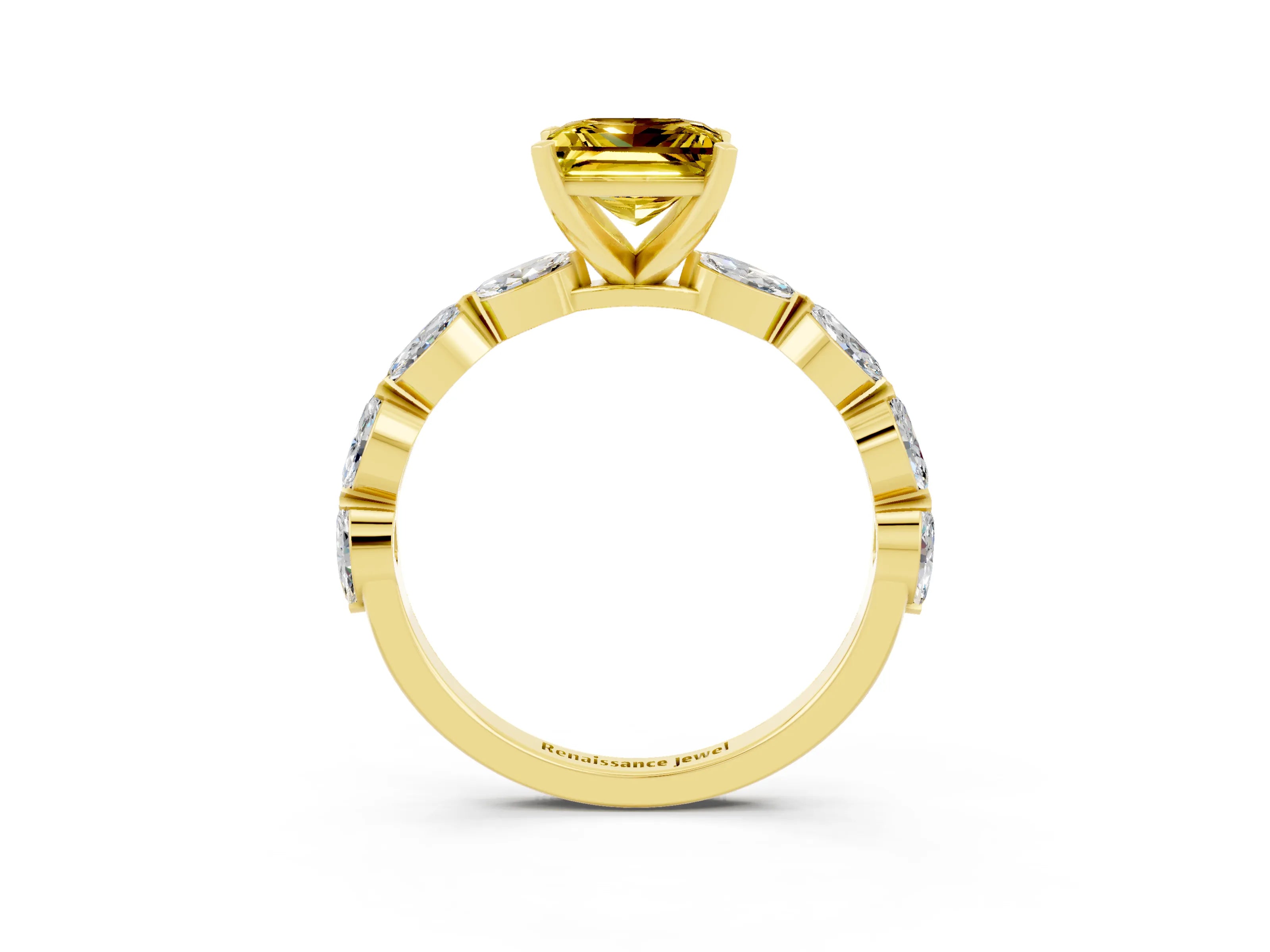 Yellow gold Princess Cut Yellow Sapphire Ring with Marquise Side Stones and Prong Setting_15