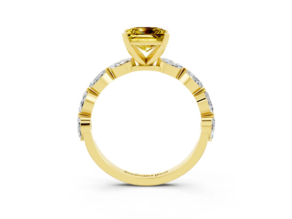 Yellow gold Princess Cut Yellow Sapphire Ring with Marquise Side Stones and Prong Setting