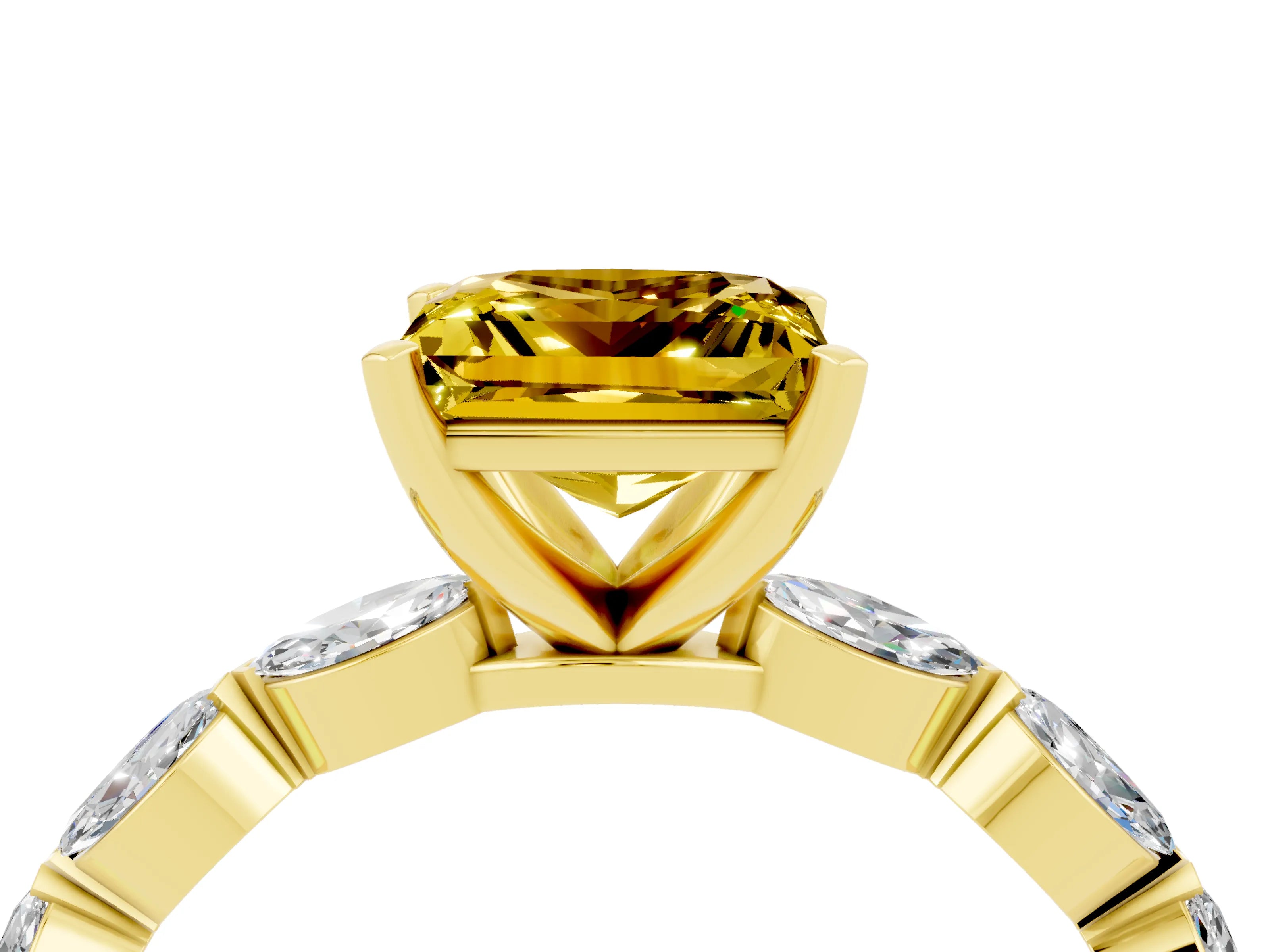 Yellow gold Princess Cut Yellow Sapphire Ring with Marquise Side Stones and Prong Setting_16