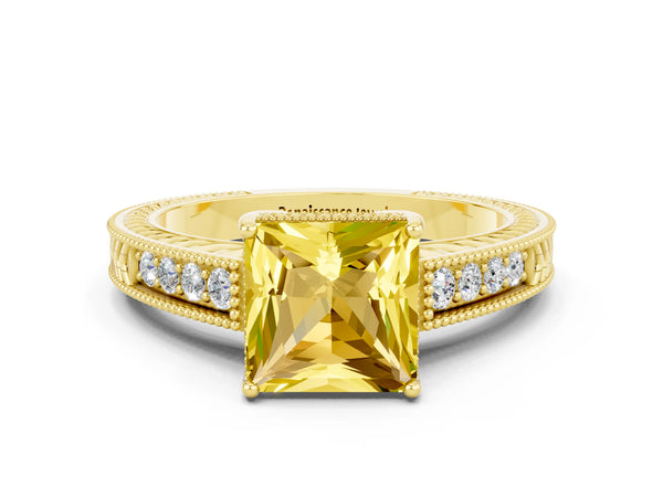 Yellow gold Princess Cut Yellow Sapphire Ring with Milgrain Pavé Band and Four-Prong Setting