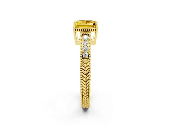 Yellow gold Princess Cut Yellow Sapphire Ring with Milgrain Pavé Band and Four-Prong Setting