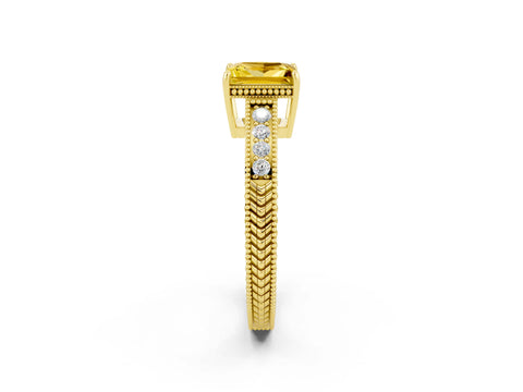 Yellow gold Princess Cut Yellow Sapphire Ring with Milgrain Pavé Band and Four-Prong Setting_38
