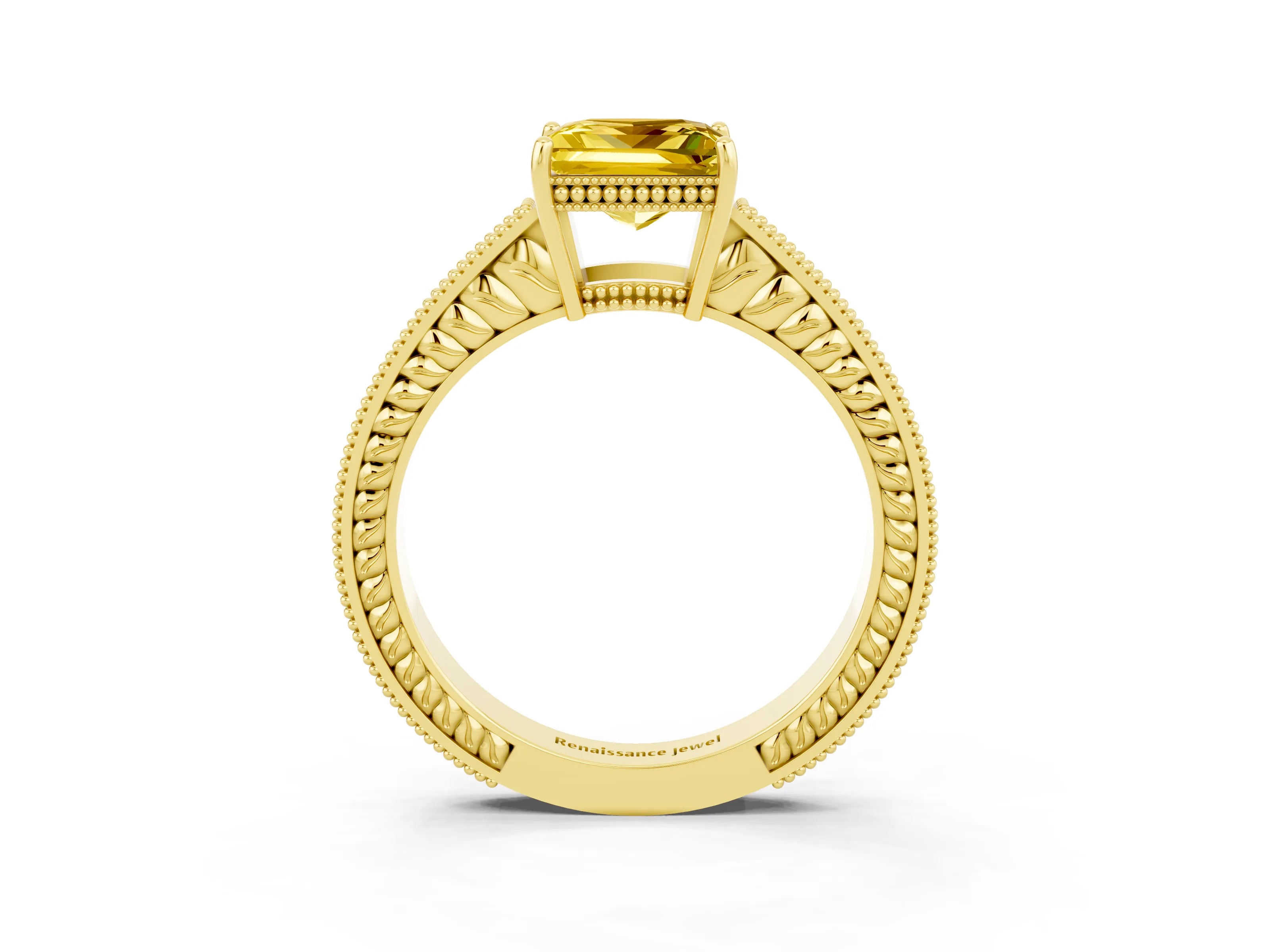 Yellow gold Princess Cut Yellow Sapphire Ring with Milgrain Pavé Band and Four-Prong Setting_39