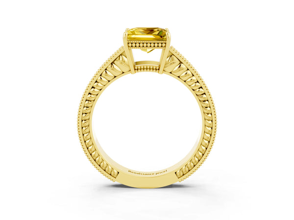 Yellow gold Princess Cut Yellow Sapphire Ring with Milgrain Pavé Band and Four-Prong Setting