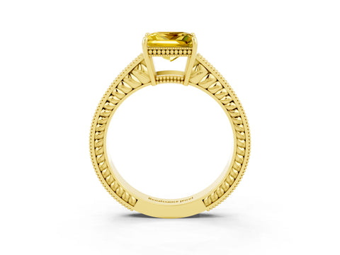 Yellow gold Princess Cut Yellow Sapphire Ring with Milgrain Pavé Band and Four-Prong Setting_39