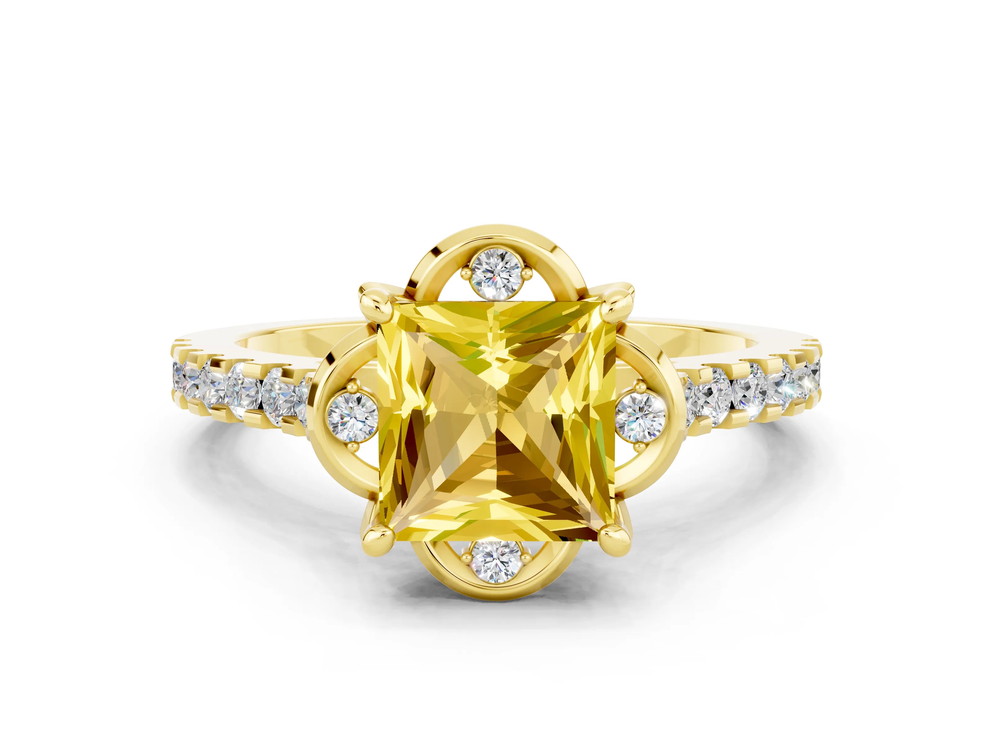 Yellow gold Princess Cut Yellow Sapphire Ring with Pavé Band and Floral Prong Setting