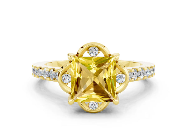 Yellow gold Princess Cut Yellow Sapphire Ring with Pavé Band and Floral Prong Setting