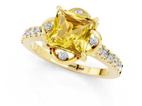 Yellow gold Princess Cut Yellow Sapphire Ring with Pavé Band and Floral Prong Setting_1