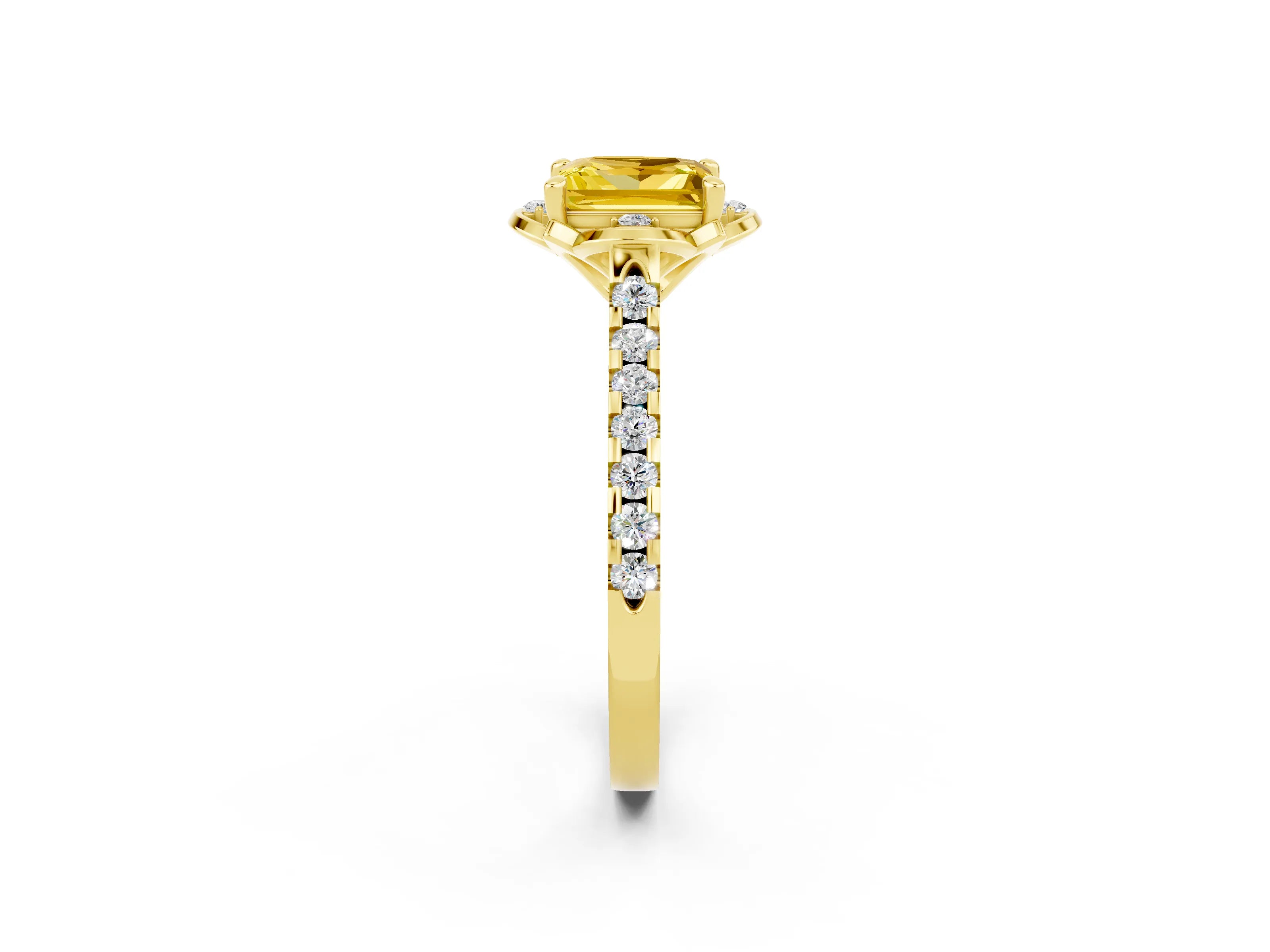 Yellow gold Princess Cut Yellow Sapphire Ring with Pavé Band and Floral Prong Setting_2