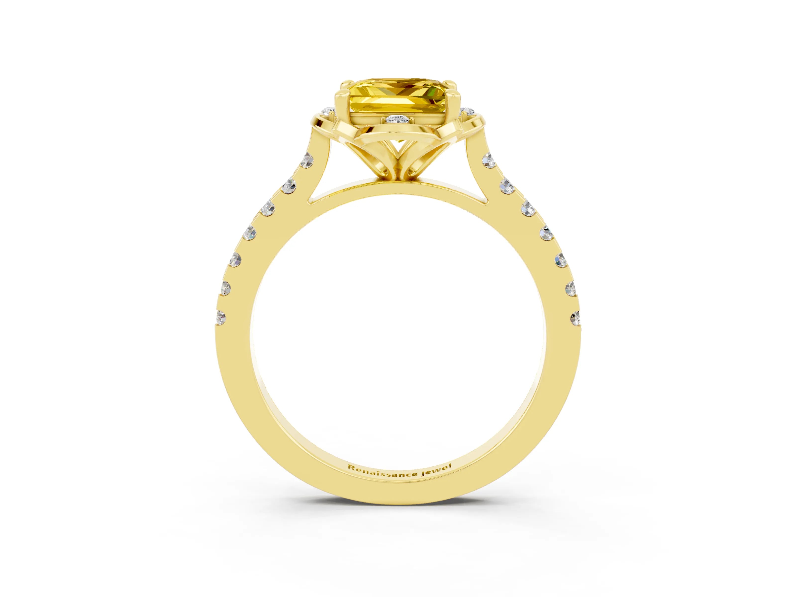 Yellow gold Princess Cut Yellow Sapphire Ring with Pavé Band and Floral Prong Setting_3