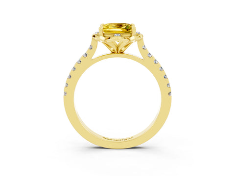 Yellow gold Princess Cut Yellow Sapphire Ring with Pavé Band and Floral Prong Setting_3