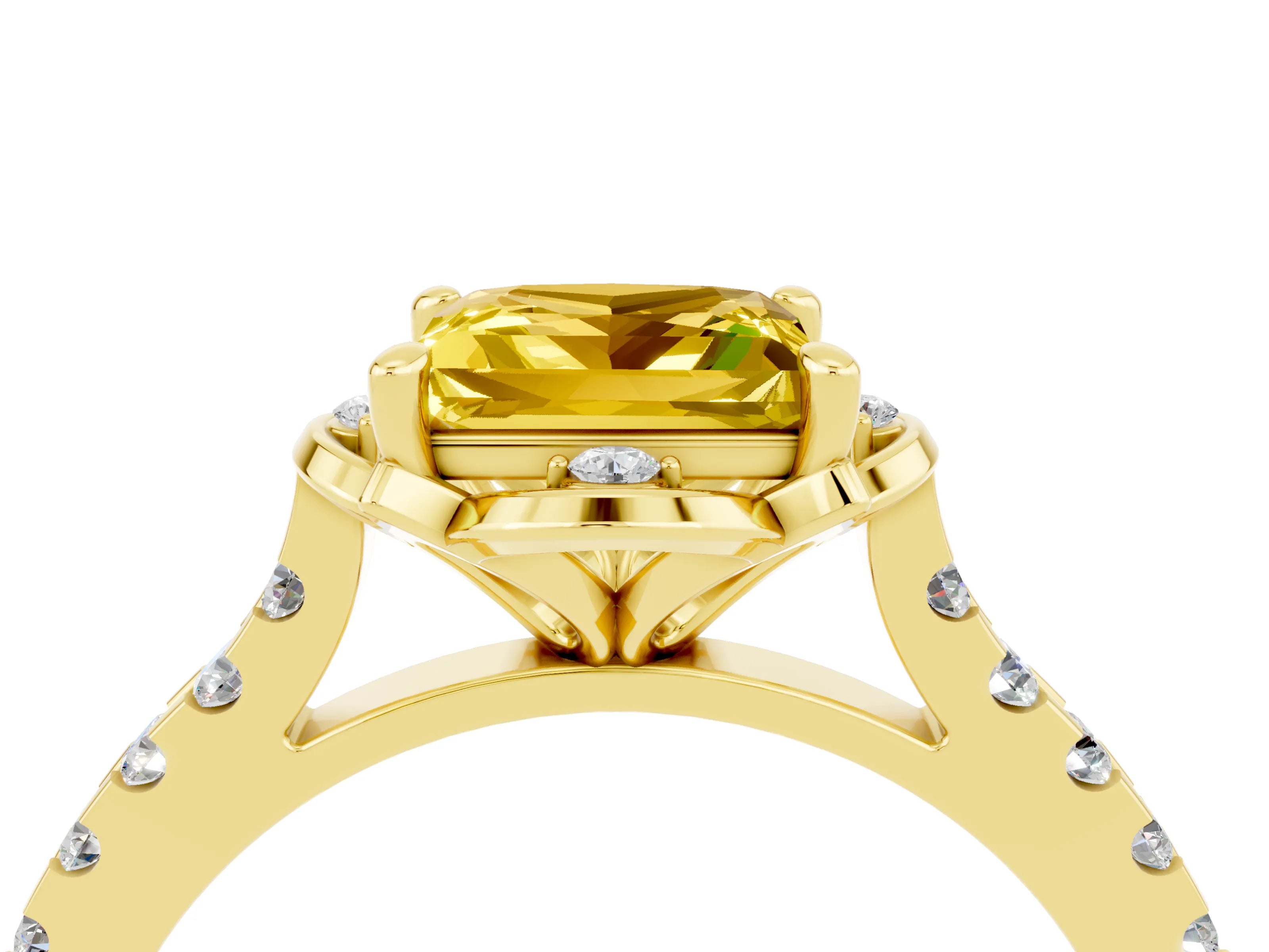 Yellow gold Princess Cut Yellow Sapphire Ring with Pavé Band and Floral Prong Setting_4