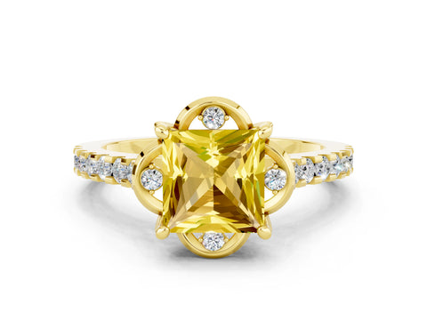 Yellow gold Princess Cut Yellow Sapphire Ring with Pavé Band and Floral Prong Setting