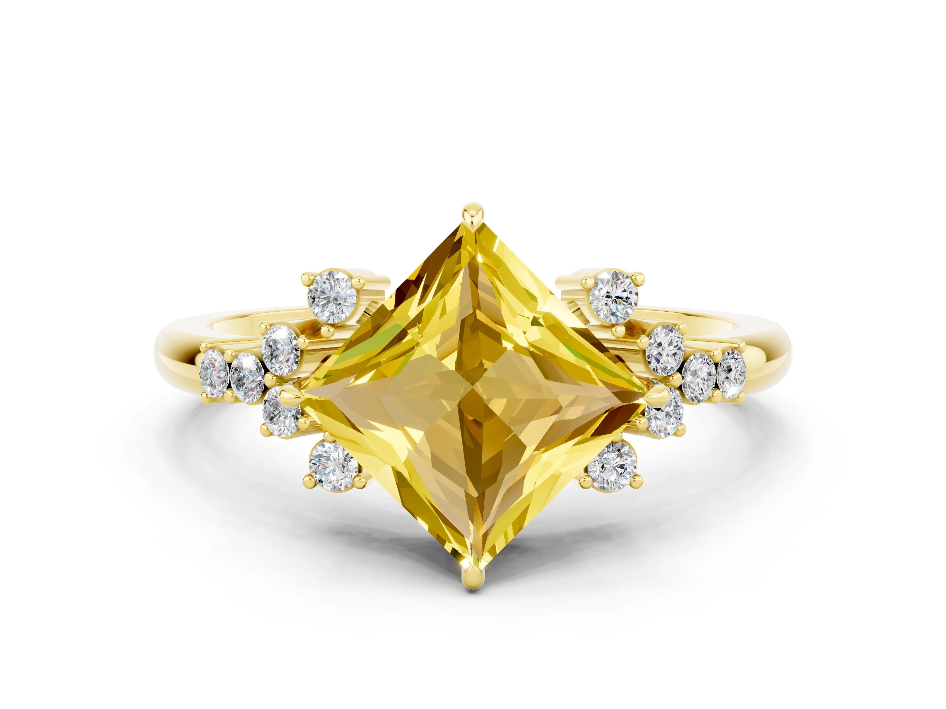 Yellow gold Princess Cut Yellow Sapphire Ring with Side Stones and Four-Prong Setting_60