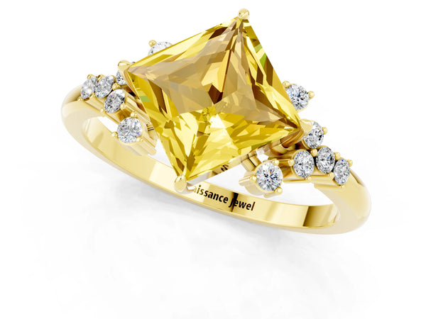 Yellow gold Princess Cut Yellow Sapphire Ring with Side Stones and Four-Prong Setting