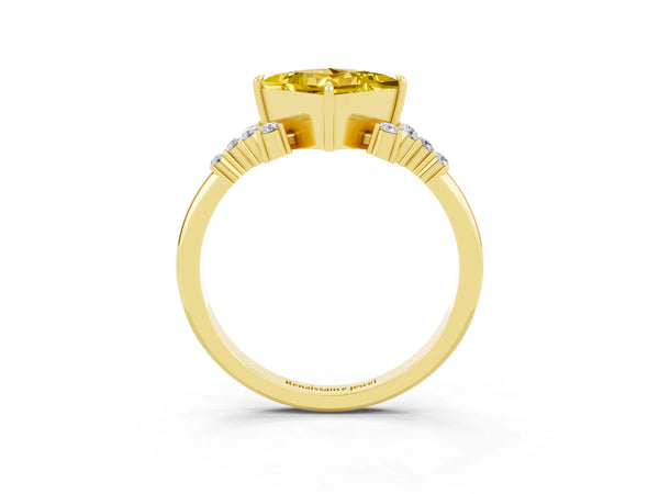 Yellow gold Princess Cut Yellow Sapphire Ring with Side Stones and Four-Prong Setting