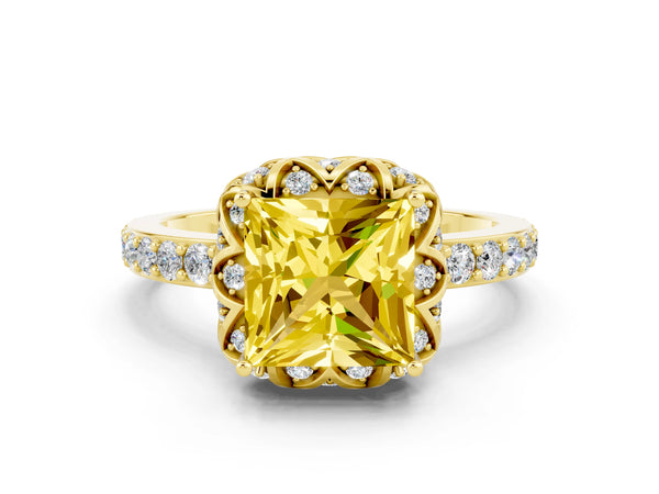 Yellow gold Princess Cut Yellow Sapphire Scalloped Halo Engagement Ring with Round Shared Prong Band