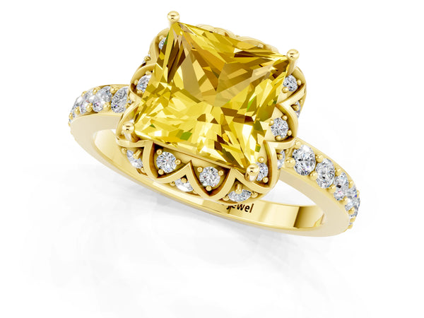 Yellow gold Princess Cut Yellow Sapphire Scalloped Halo Engagement Ring with Round Shared Prong Band
