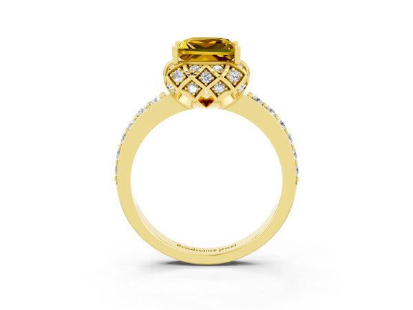 Yellow gold Princess Cut Yellow Sapphire Scalloped Halo Engagement Ring with Round Shared Prong Band