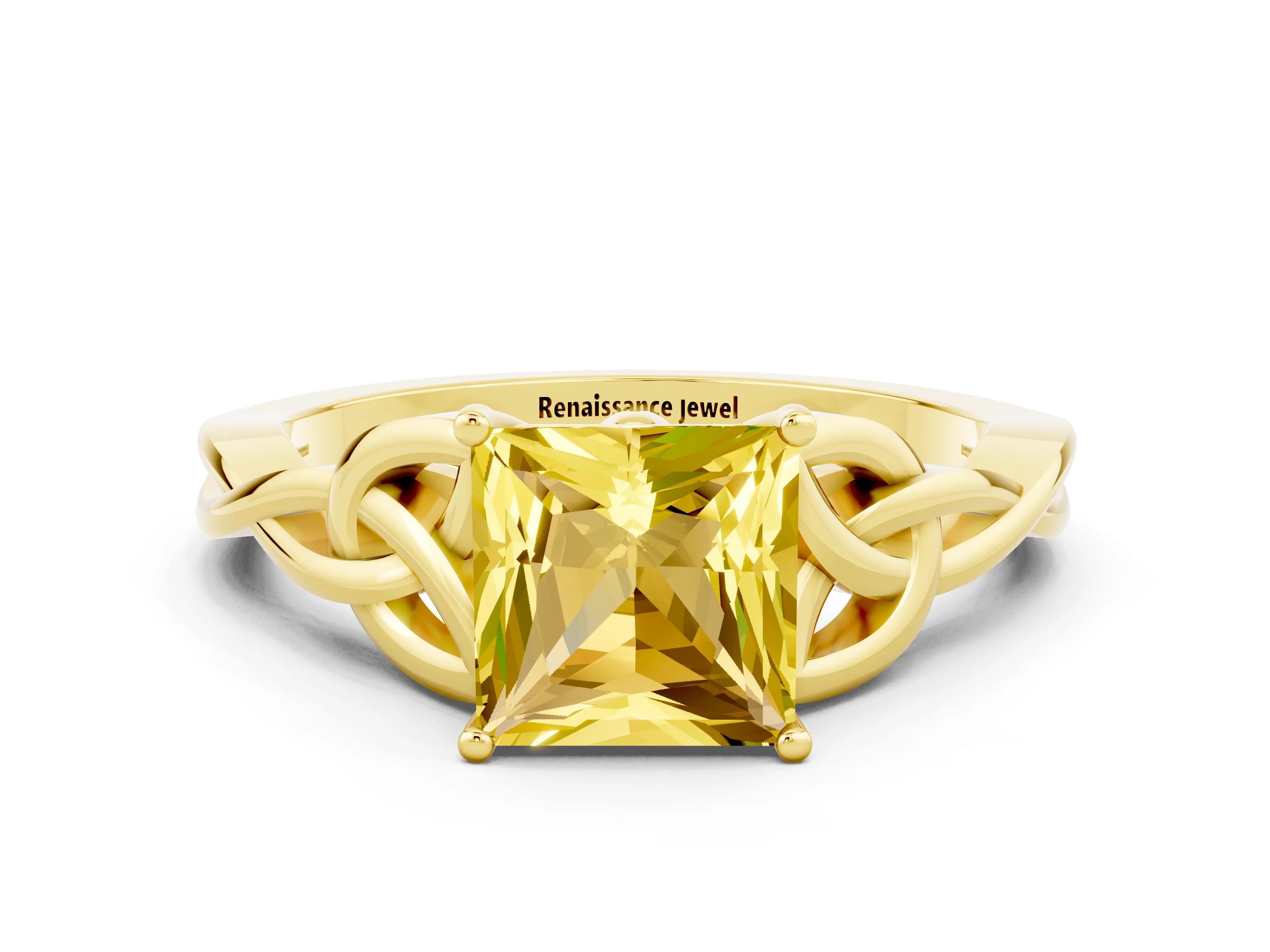 Yellow gold Princess Cut Yellow Sapphire Solitaire Celtic Knot Ring with Four-Prong Setting_36