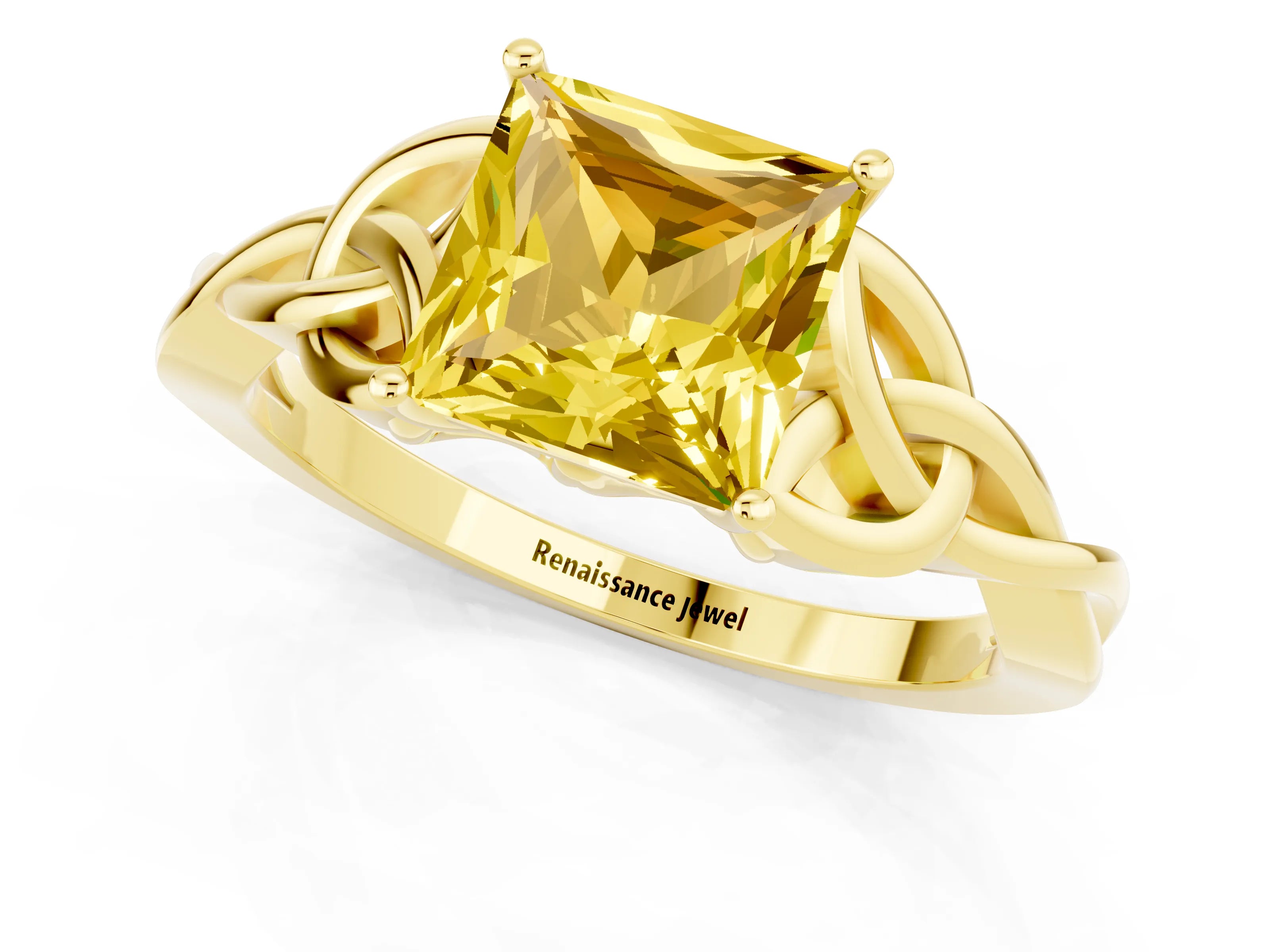 Yellow gold Princess Cut Yellow Sapphire Solitaire Celtic Knot Ring with Four-Prong Setting_37