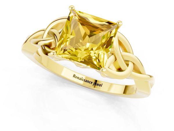 Yellow gold Princess Cut Yellow Sapphire Solitaire Celtic Knot Ring with Four-Prong Setting