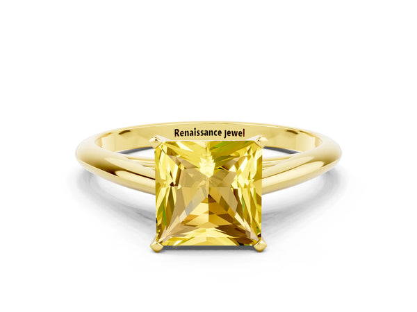 Yellow gold Princess Cut Yellow Sapphire Solitaire Engagement Ring with Cathedral Setting and Four-Prong Mount