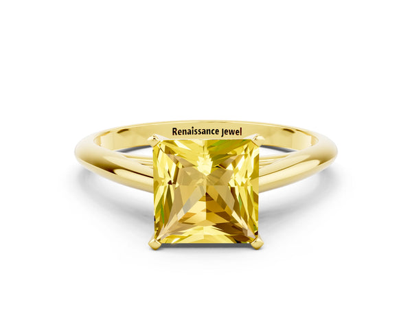 Yellow gold Princess Cut Yellow Sapphire Solitaire Engagement Ring with Cathedral Setting and Four-Prong Mount