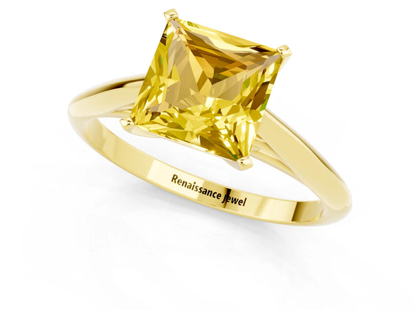 Yellow gold Princess Cut Yellow Sapphire Solitaire Engagement Ring with Cathedral Setting and Four-Prong Mount