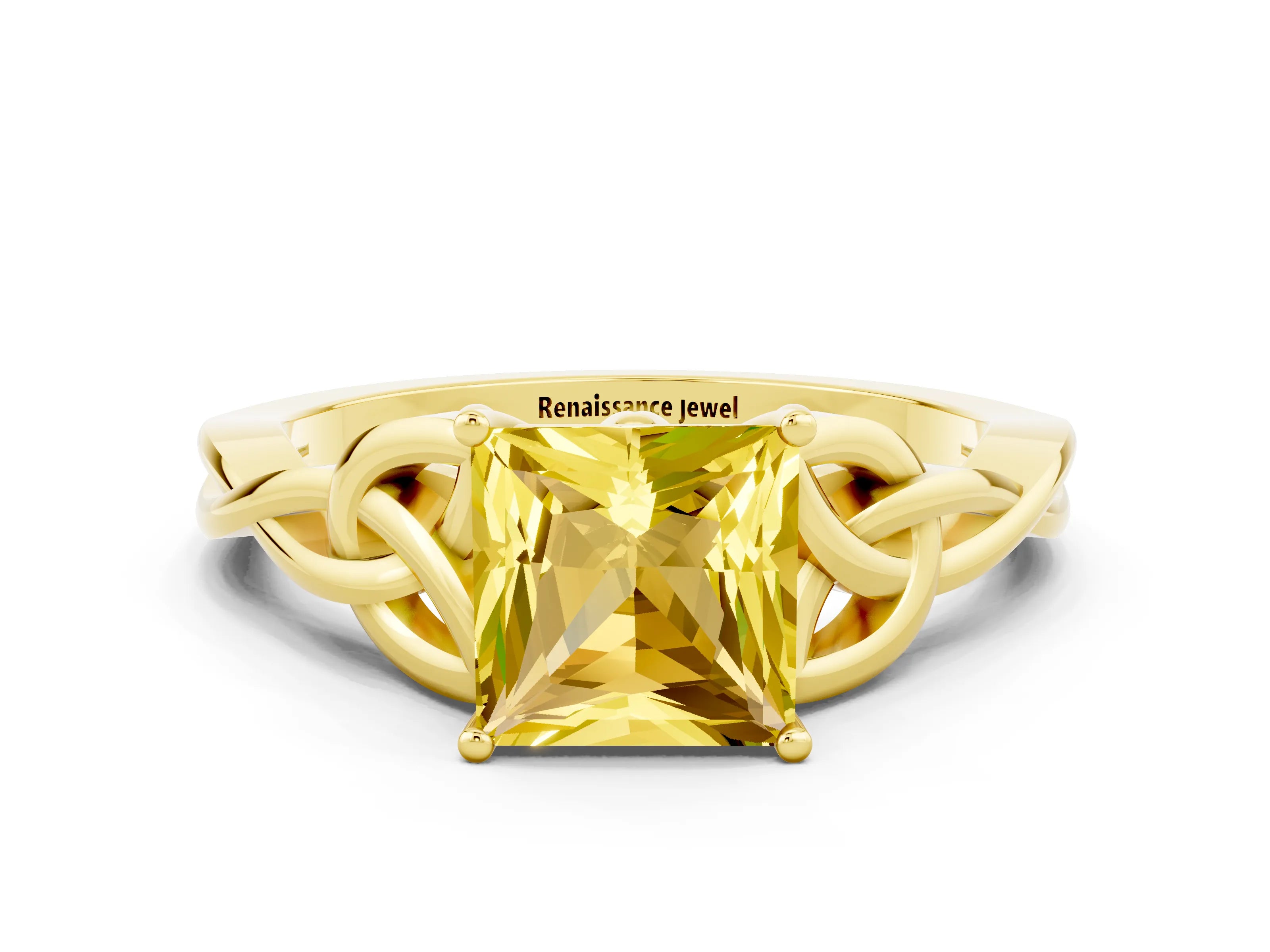 Yellow gold Princess Cut Yellow Sapphire Solitaire Engagement Ring with Celtic Knot Band and Four-Prong Setting_24