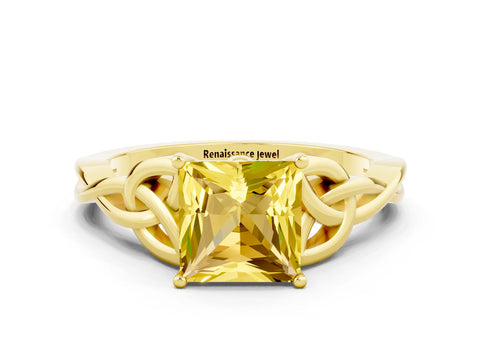 Yellow gold Princess Cut Yellow Sapphire Solitaire Engagement Ring with Celtic Knot Band and Four-Prong Setting_24