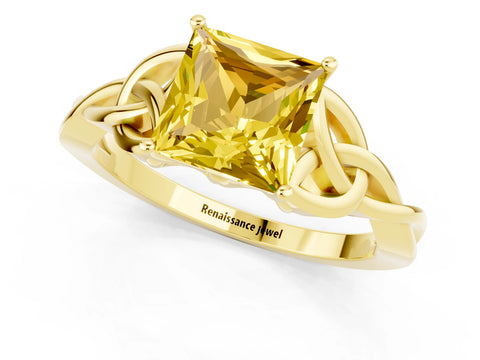 Yellow gold Princess Cut Yellow Sapphire Solitaire Engagement Ring with Celtic Knot Band and Four-Prong Setting_25