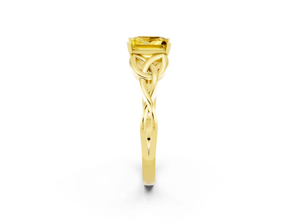 Yellow gold Princess Cut Yellow Sapphire Solitaire Engagement Ring with Celtic Knot Band and Four-Prong Setting